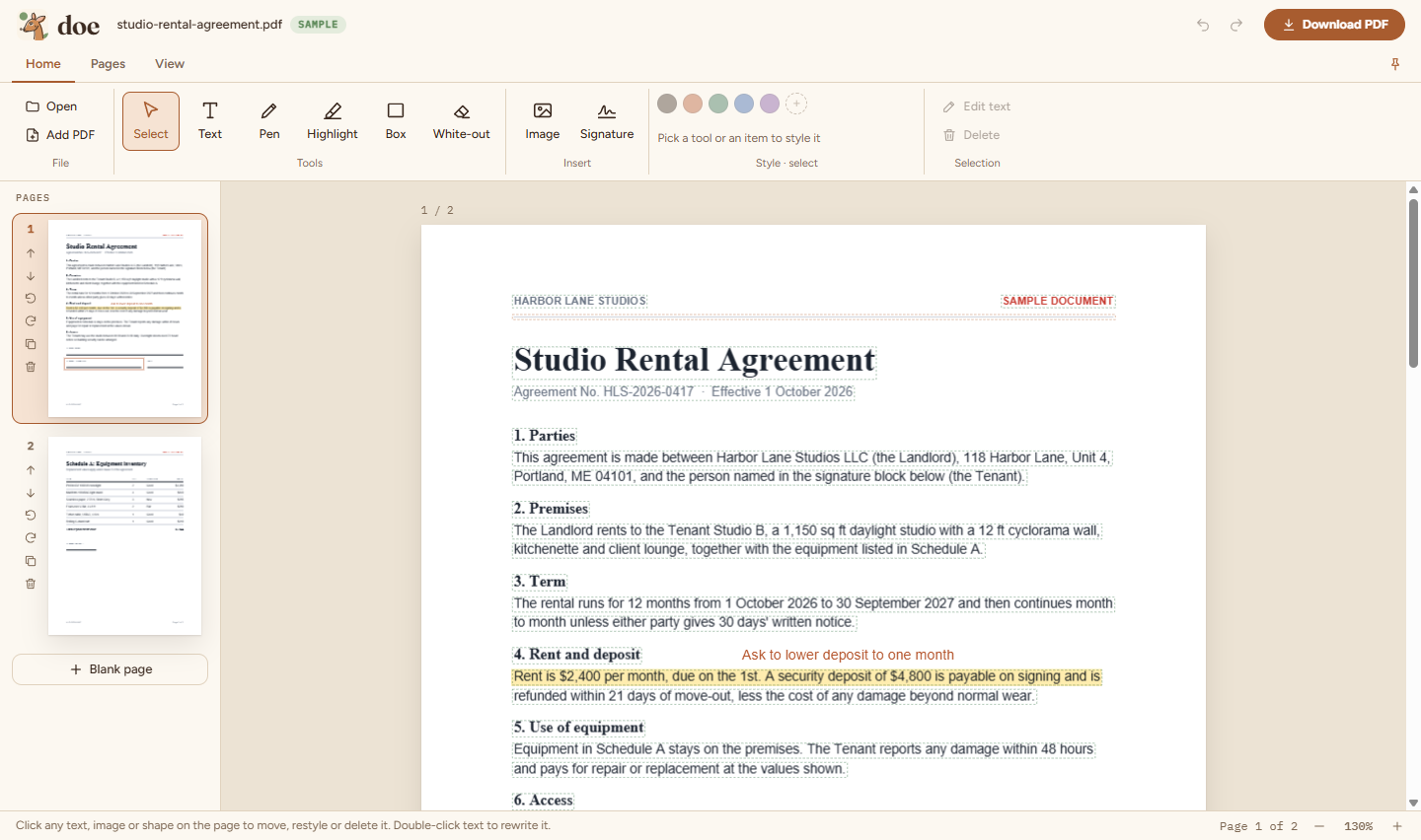 doe editing a rental agreement: the ribbon toolbar on top, page thumbnails on the left, and a highlighted paragraph with a note.