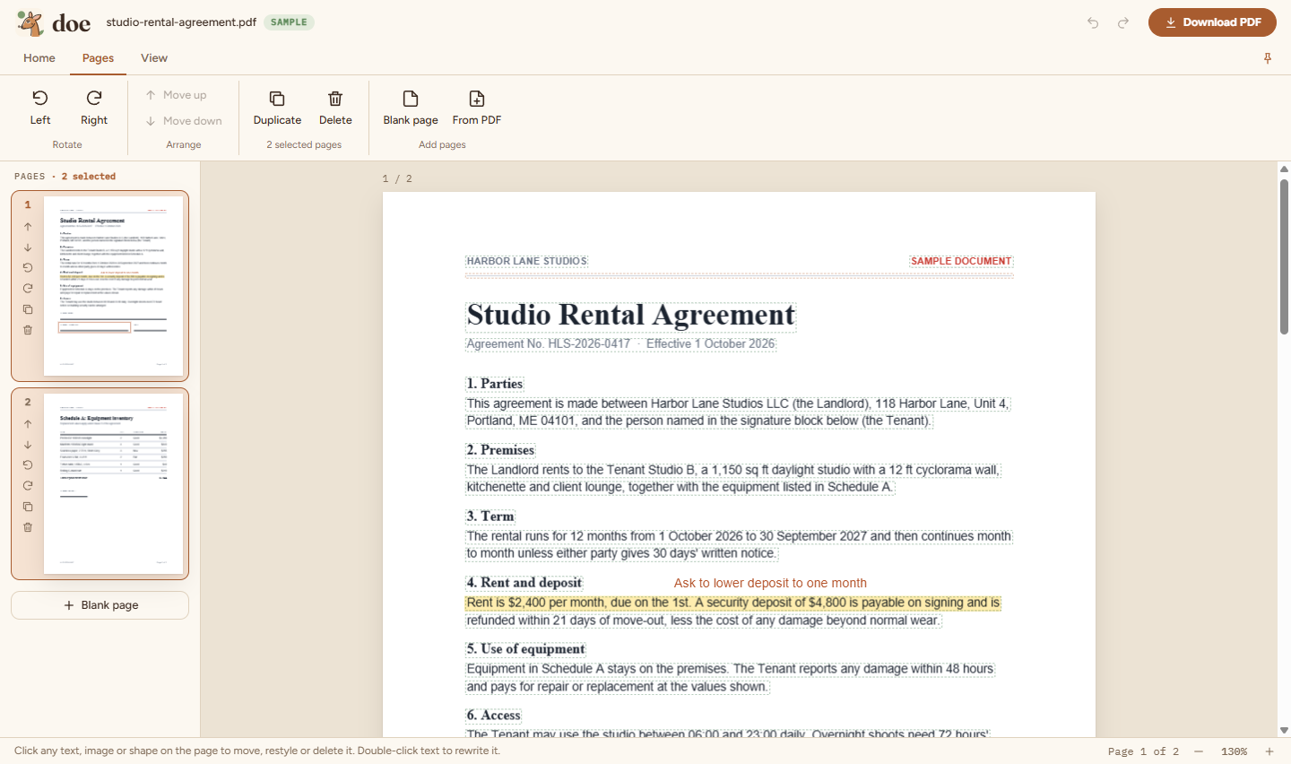 doe's pages view with several pages selected for rotating and reordering.